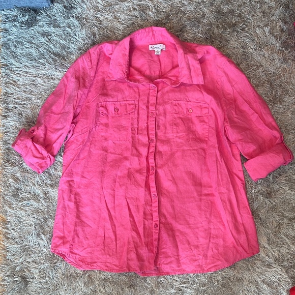 Kim Rogers Tops - Kim Rogers 100% Linen Roll Tab Pink Button Down Top